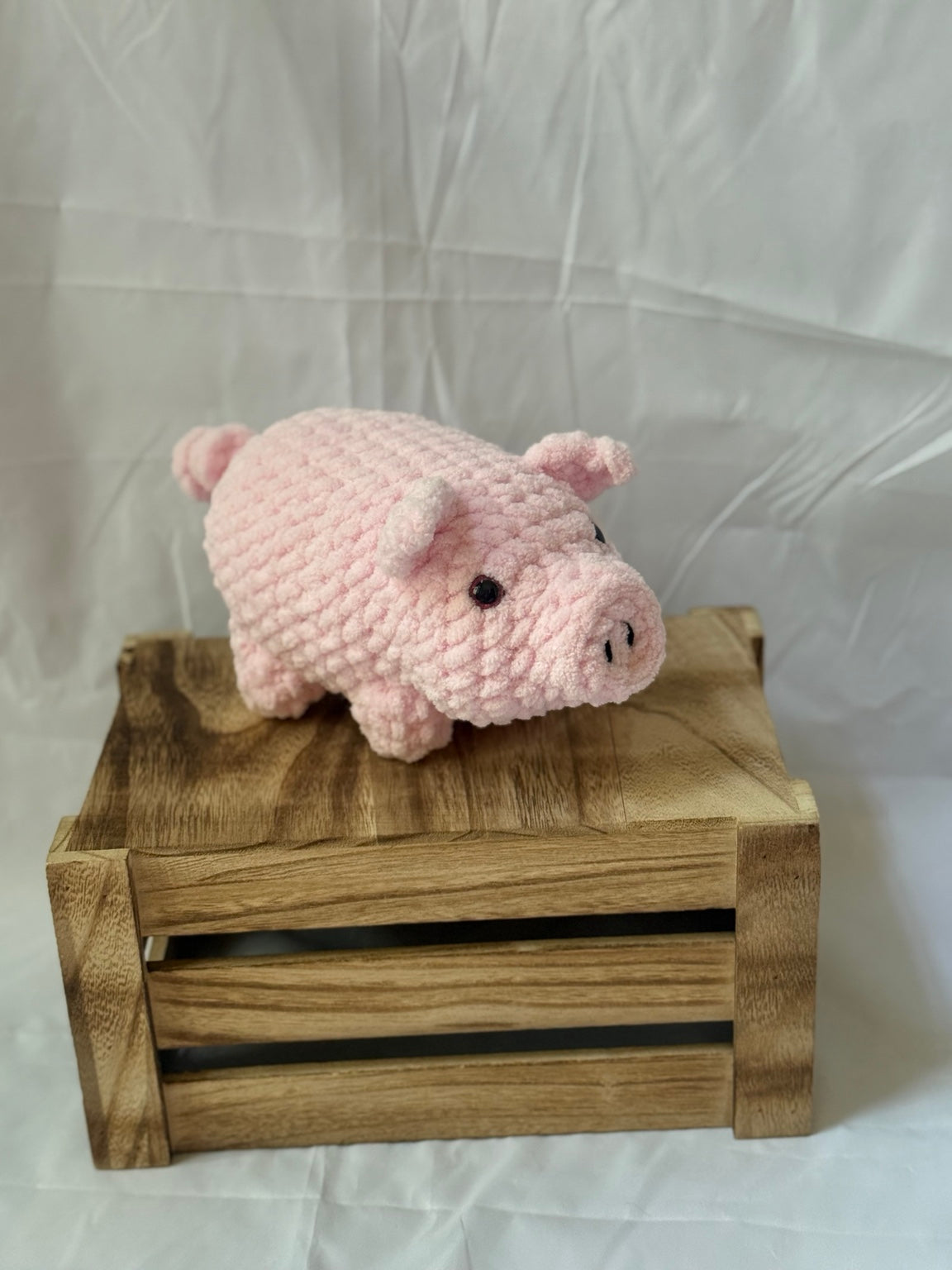 Piggy Stuffy handmade crochet pig angled view